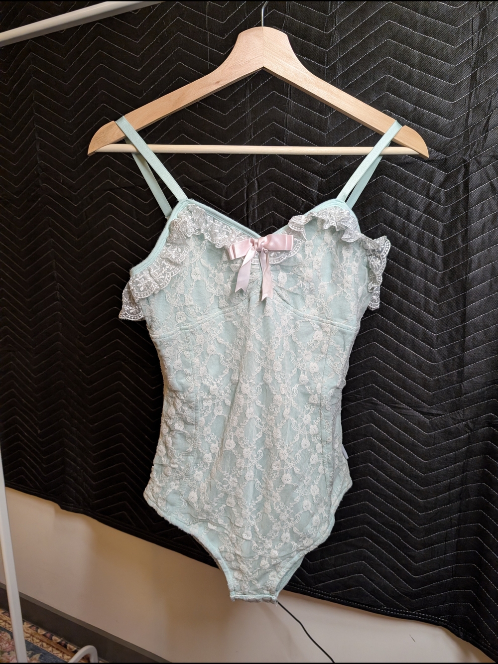 Light Aqua Lace Bodysuit with Pink Bow Accent
